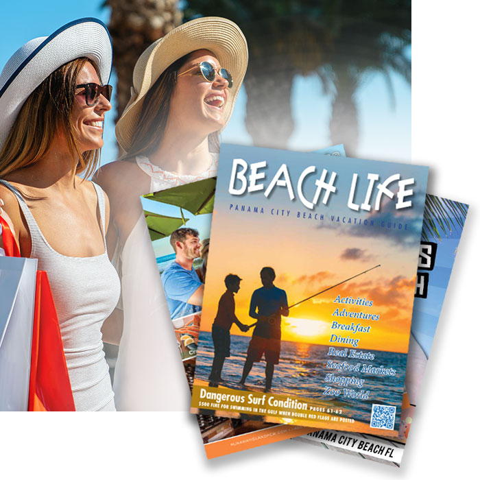 Two females in sun hats and sunglasses cruise the Panama City Beach strip for fun shopping with the A Fun beach vacation guide magazine directory.